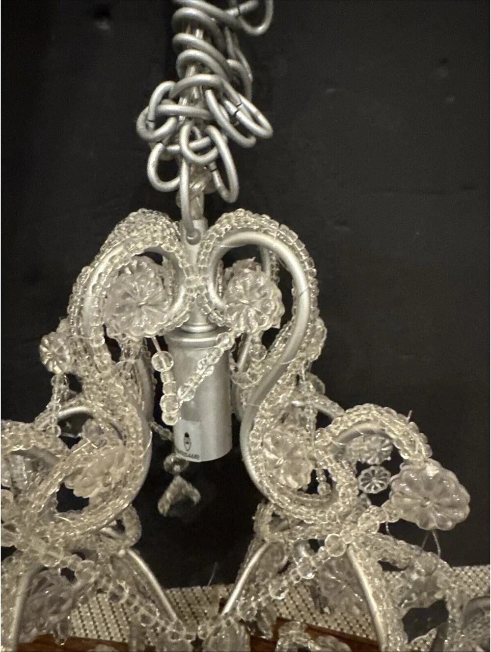 New Clear Beaded Crystal 1-Lt Chandelier W Swag Silver Hardware 11” H By 8.5” W